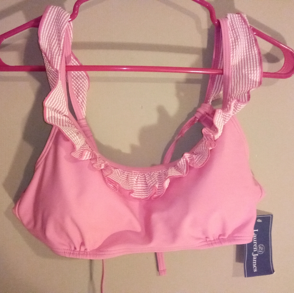 Super cute Lauren James size L ruffled, pink bathing suit top.